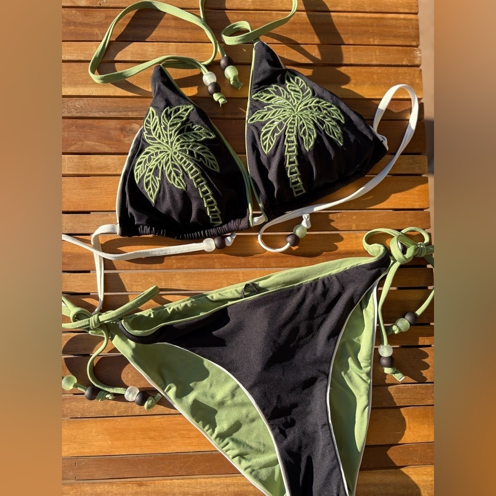 LARGE NWT ISABELLA ROSE Tropical Palm Green & Black Embroidered Reversible Swim - Picture 3 of 10